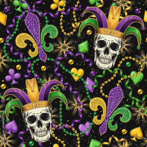 Seamless Mardi Gras pattern with human skull in jester hat, beads, streamer ribbons, card suits icons, trinket, Fleur de Lis sign. Randomly scattered objects. Festive holiday design. Vintage style