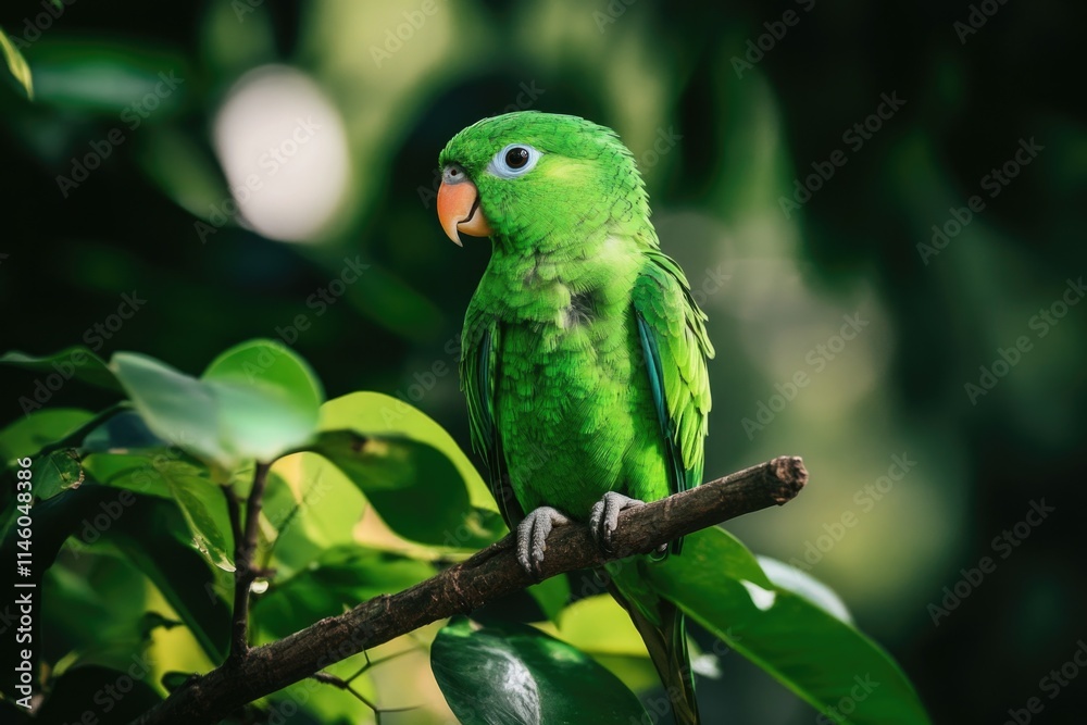 A vibrant green parrot perches on a tree branch, ready to take flight A vibrant green parrot perches on a tree branch, ready to take flight