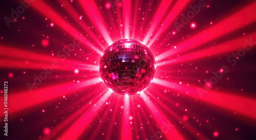 disco ball with bright Red rays of light in all directions creating a dazzling light pattern