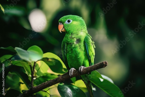 A vibrant green parrot perches on a tree branch, ready to take flight photo