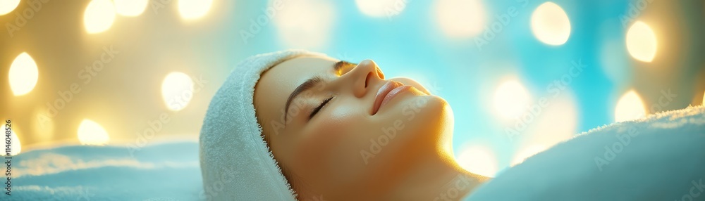 Naklejka premium Serene woman relaxes with towel on head, embracing wellness, beauty and selfcare