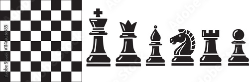 Vector illustration of chess pieces, including the King, Knight, Rook, and Pawns, arranged on a chessboard. Set against a white background