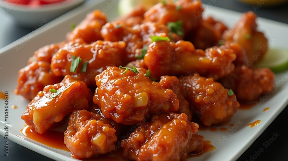 Close-up of delicious orange glazed chicken dish on Korean style plate, Generative AI Close-up of delicious orange glazed chicken dish on Korean style plate, Generative AI