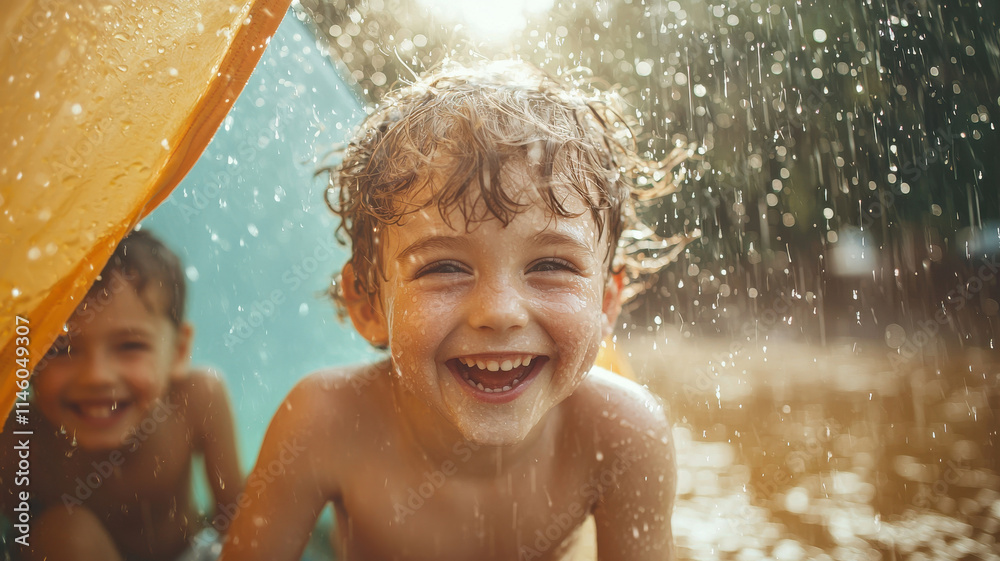 Fototapeta premium Happy kids playing in colorful tent, enjoying water splashes and laughter