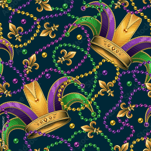 Seamless Mardi Gras pattern with tall top hat with belt, bunch of colorful feathers, randomly scattered Fleur de Lis sign, beads, interlaced strings of beads on dark green background. Vintage style