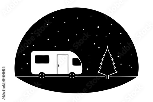 A camper under a starry sky silhouette illustration on white background