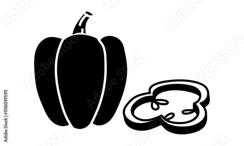 Bell pepper, whole and a slice. Paprika. Culinary seasonings and spices, hand-drawn. sketches in small details. black outline on a white background. illustration. Seasonings, spices, food additives