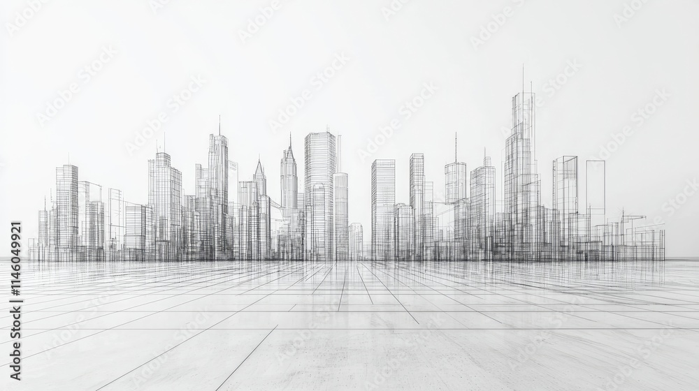 Naklejka premium A minimalist wireframe cityscape illustration showcasing urban architecture.
