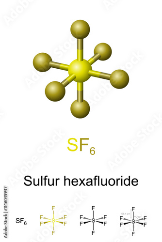 Sulfur hexafluoride, SF6, molecule model and chemical structure. Synthetic industrial gas consisting of six fluorine atoms attached to a central sulfur atom. The most powerful greenhouse gas known.