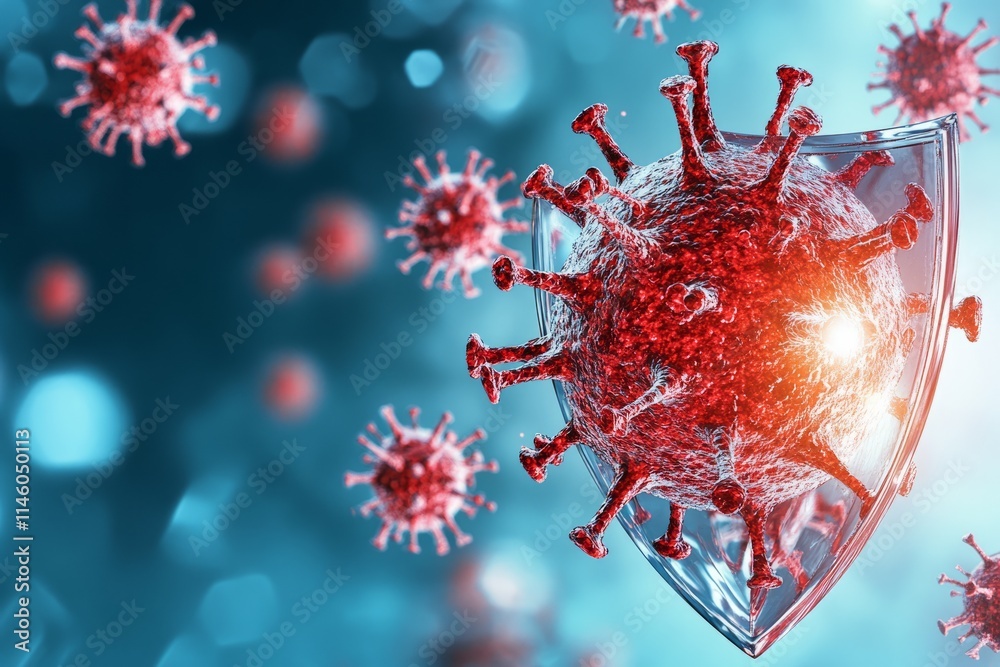 Red shield protecting from virus attack, immune system fighting against pathogens Red shield protecting from virus attack, immune system fighting against pathogens