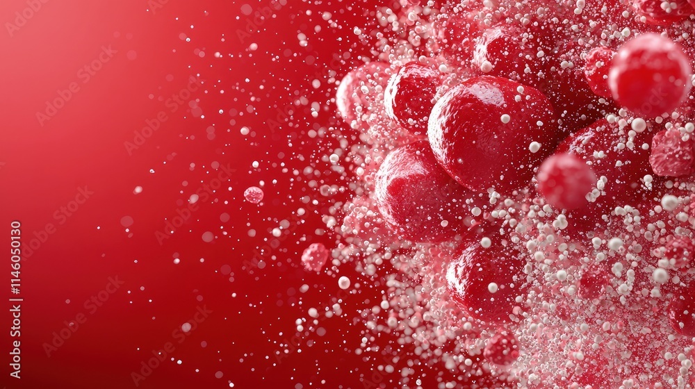 Red spheres exploding with white powder. Red spheres exploding with white powder.