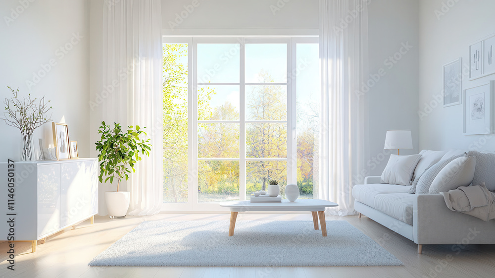 Fototapeta premium Modern minimalist living room with large windows and natural light