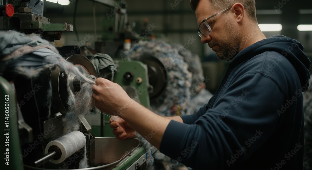 Caucasian male adult working at textile factory with machinery and wool Caucasian male adult working at textile factory with machinery and wool