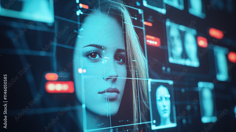 Futuristic Portrait of a Woman with Digital Interface Overlays Featuring Multiple Face Recognition Displays and Advanced Technology Background Futuristic Portrait of a Woman with Digital Interface Overlays Featuring Multiple Face Recognition Displays and Advanced Technology Background