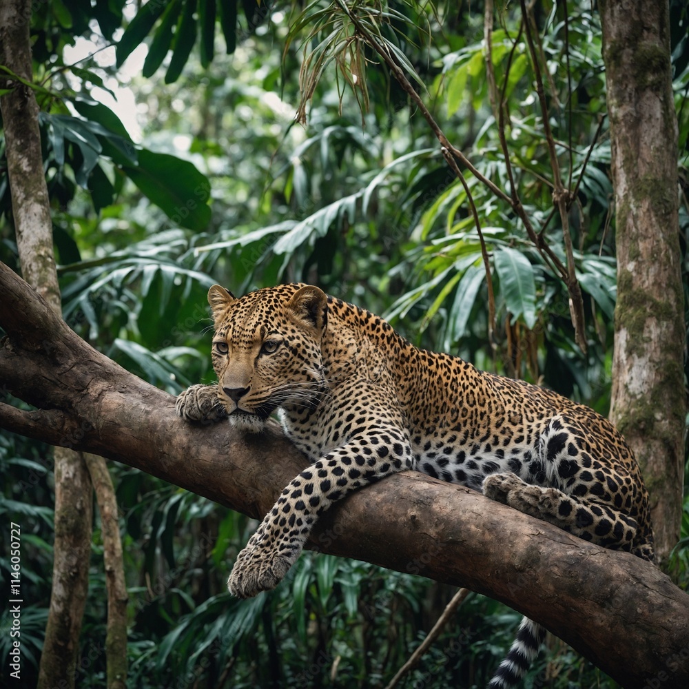 A leopard lounging on a tree branch in a tropical rainforest. A leopard lounging on a tree branch in a tropical rainforest.