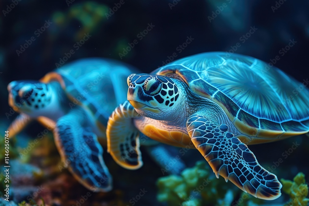 Obraz premium A pair of sea turtles gliding through the water, side by side