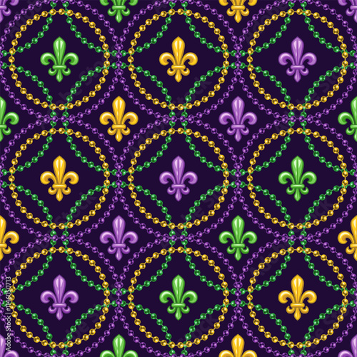 Geometric beaded pattern with fleur de lis symbol in center of grid cells. Overlapping interlaced intersecting circular grid, ornament. Decoration for Mardi Gras carnival. Vintage style illustration