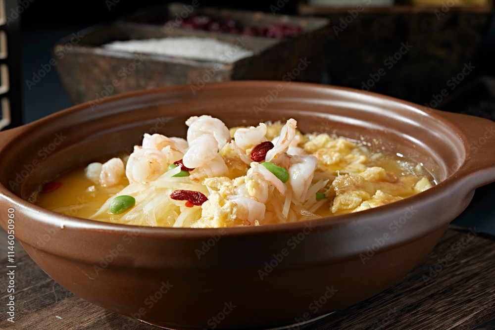 Healthy nourishing stone pot sour soup fried egg wolfberry radish shrimp Healthy nourishing stone pot sour soup fried egg wolfberry radish shrimp