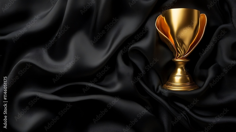 Shining gold cup gently rests on softly draped black fabric photo closeup mockup. AI Generated Shining gold cup gently rests on softly draped black fabric photo closeup mockup. AI Generated