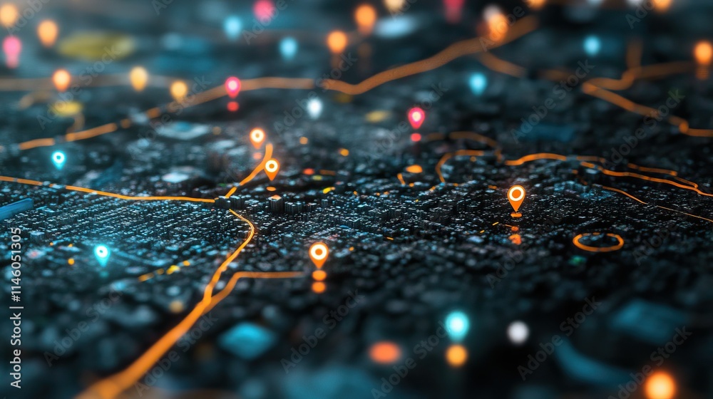 3D Illustration of Urban Map with Colorful Location Pins and Network Lines Depicting Modern Navigation and Connectivity in a Digital City Environment 3D Illustration of Urban Map with Colorful Location Pins and Network Lines Depicting Modern Navigation and Connectivity in a Digital City Environment