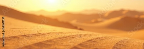 heat, climate change, environmental concept. sandy desert landscape bathed in soft golden tones, blurred background with empty space for text, banner design, poster. photo