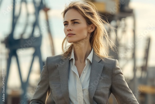 A blonde woman in a grey blazer stands outdoors, gazing pensively at an industrial backdrop.