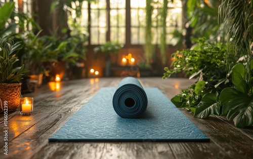 Yoga Mat, Turquoise, Hardwood Floor, Potted Plants, Indoor Setting, Relaxation Space