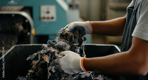 Recycling process with male worker sorting textile waste in industrial setting