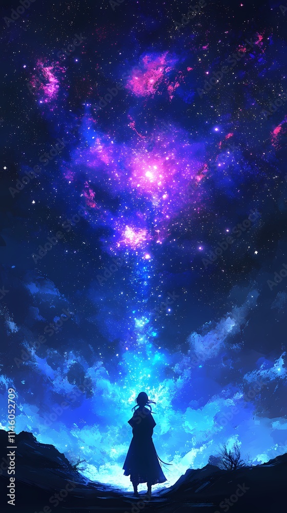 Naklejka premium Starry Night Reverie: A girl gazes at a vibrant cosmic spectacle, a mesmerizing display of celestial beauty, cosmic energy, and ethereal wonder illuminating the night.