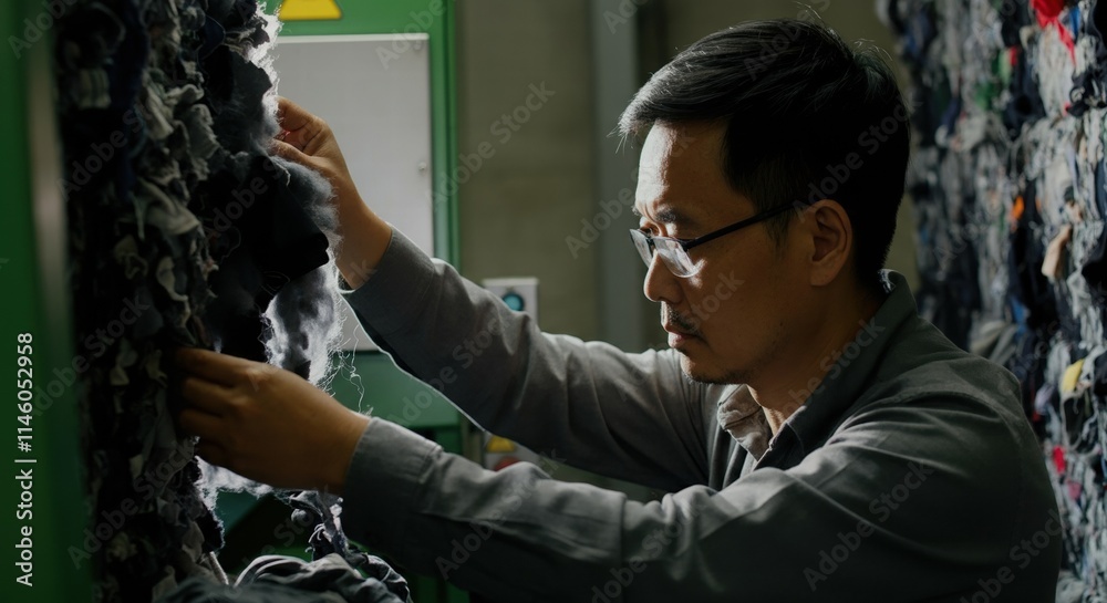 Asian male adult working in textile recycling facility Asian male adult working in textile recycling facility