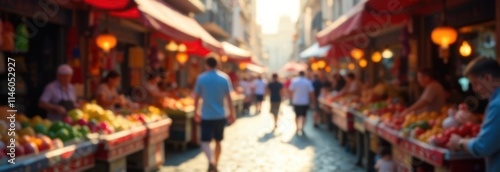 vibrant, blurred street market with colorful stalls and busy vendors, crowd of people shopping under soft sunlight, banner background with copy space for text.
