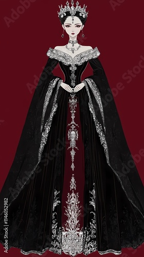 Elegant Gothic Queen in a Black and Silver Gown
