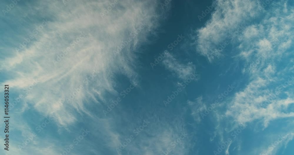 Timelapse of beautiful blue sky with wispy white cirrus clouds moving lighty and swiftly overhead and slowly disappearing until the sky is almost clear
