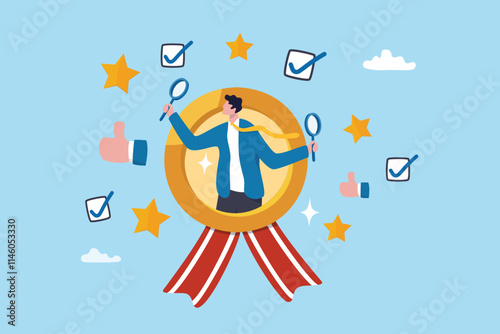 QA quality assurance or quality control to approve or guarantee customer trust and confidence, policy commitment, customer satisfaction concept, businessman with magnifier to assure product quality.