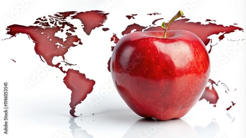 A red apple, a unique world map, geographically detailed, isolated on a background. photo