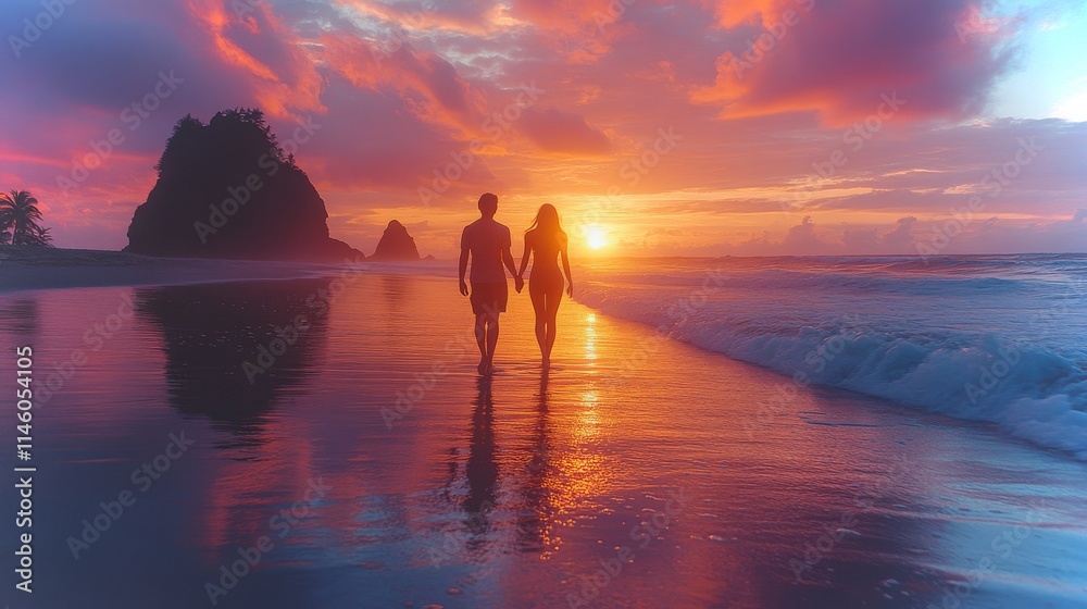 Fototapeta premium Couple walking barefoot along a sandy beach at sunset with vibrant sky colors