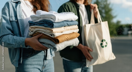 Young adults holding sustainable clothing and reusable bags outdoors