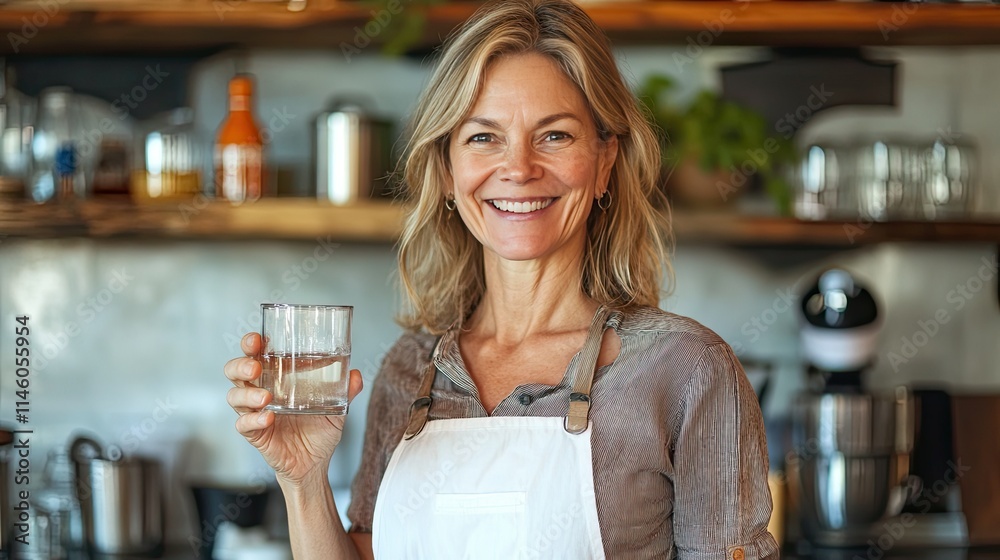 Joyful woman holding a glass of water in a cozy kitchen setting, showcasing warmth and natural beauty with a friendly smile and relaxed atmosphere. Joyful woman holding a glass of water in a cozy kitchen setting, showcasing warmth and natural beauty with a friendly smile and relaxed atmosphere.