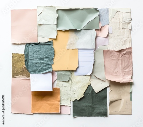 Vintage-inspired collage, featuring various pieces of ripped paper with sticky notes on a white background.