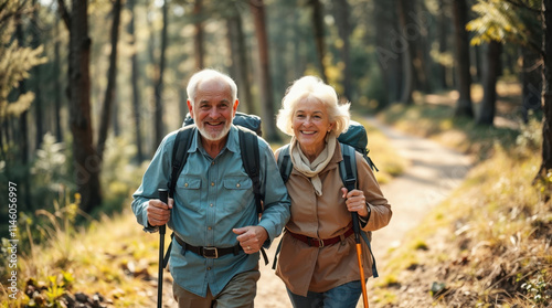 elderly couple hiking in a forest