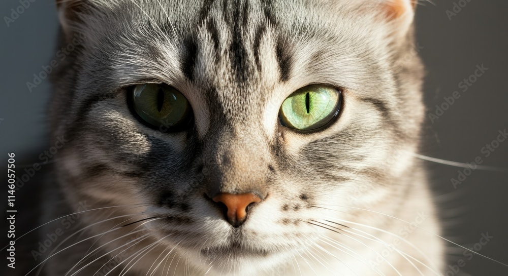 Intense gaze of a tabby cat with green eyes in sunlight Intense gaze of a tabby cat with green eyes in sunlight