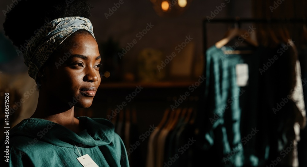 African female adult in fashionable clothing store with stylish apparel display African female adult in fashionable clothing store with stylish apparel display