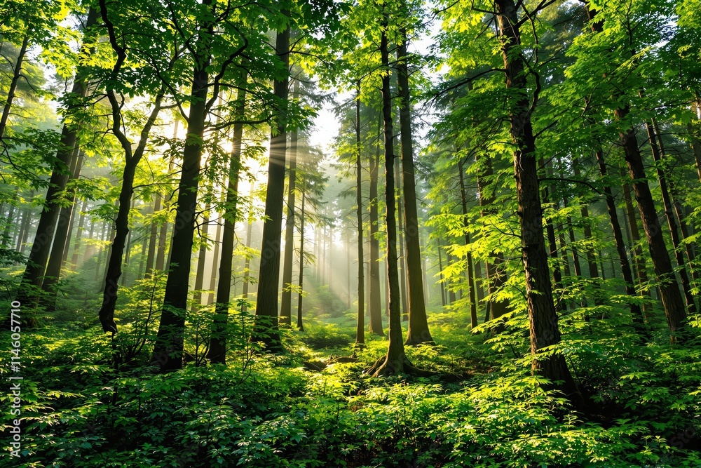 Lush Forest with Sunlight Streaming Through Trees. Lush Forest with Sunlight Streaming Through Trees.