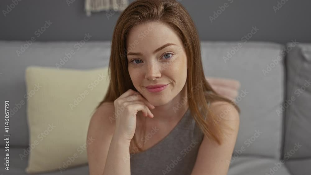 Young woman with red hair sitting in a living room of an apartment with neutral tones, looking thoughtful and relaxed on a sofa Young woman with red hair sitting in a living room of an apartment with neutral tones, looking thoughtful and relaxed on a sofa