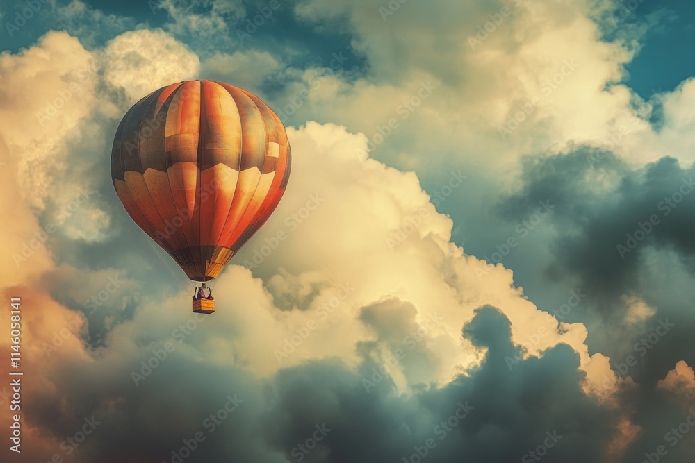 Fototapeta premium A hot air balloon soaring through a cloudy sky, perfect for adventure or travel scenes