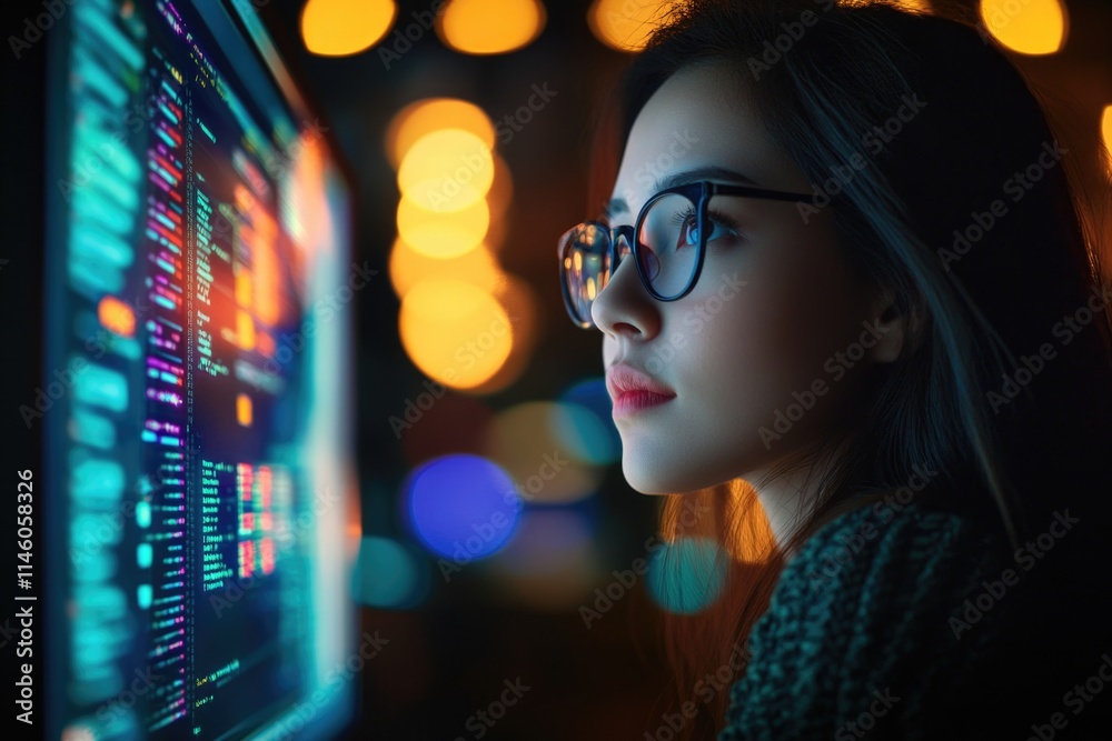 Young woman working on a computer at night, looking into the screen. Young woman working on a computer at night, looking into the screen.