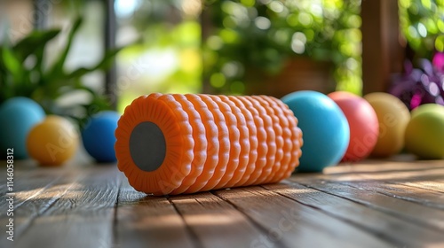 Foam Roller, Vibrant, , Wooden, Colorful Equipment, Indoor Setting with Plants, Wellness Environment