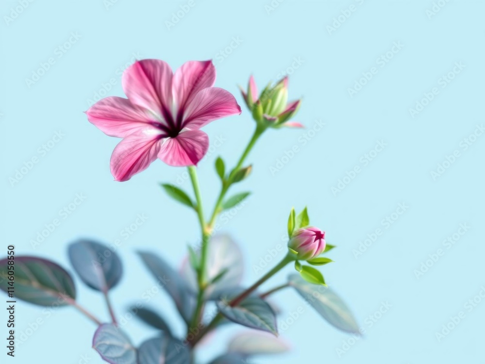 Pink flower with blue leaves in center on light blue background, close-up, floral, plant Pink flower with blue leaves in center on light blue background, close-up, floral, plant