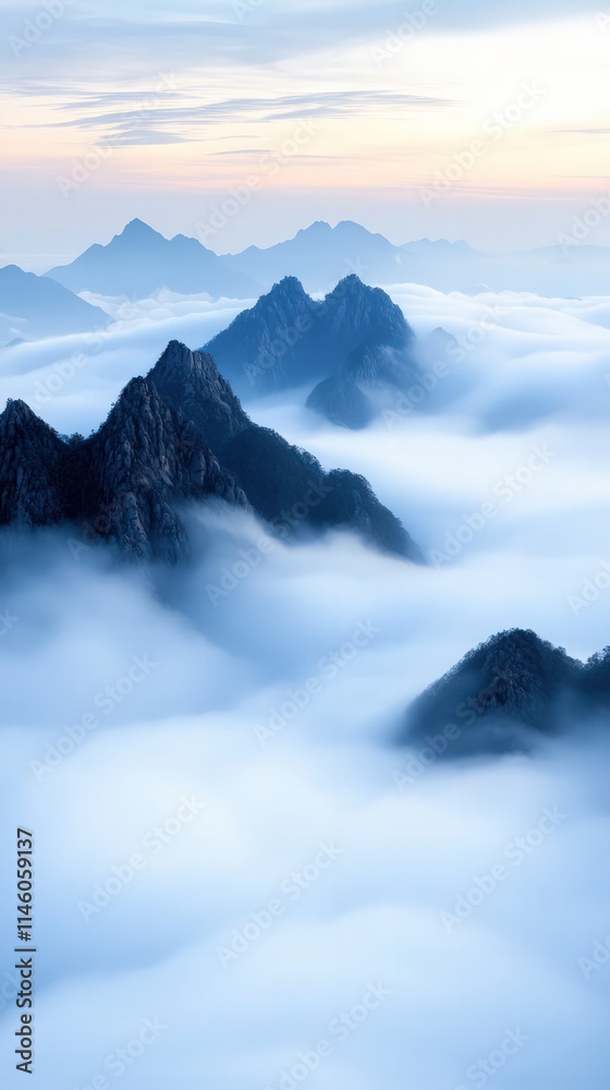 Obraz premium Aerial view of majestic mountain peaks in serene foggy landscape