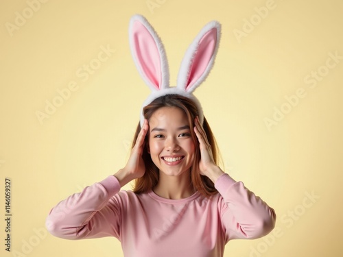 Wallpaper Mural Happy young woman wearing pink bunny ears smiling on yellow background Torontodigital.ca